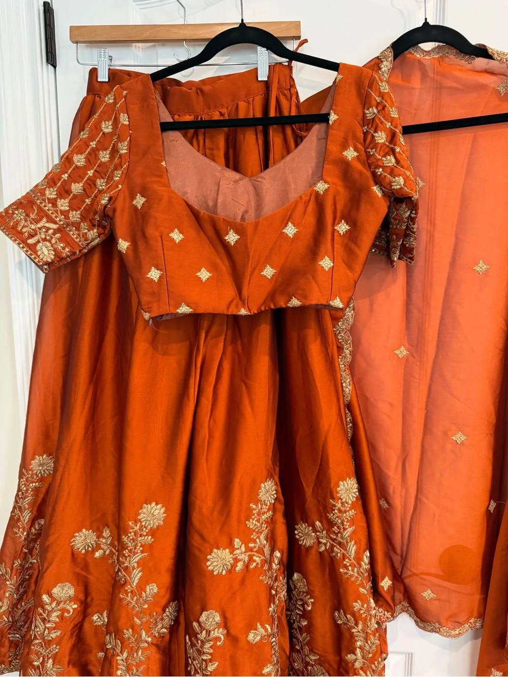 Embroidered burnt orange/rust lengha Set with Matching Blouse and Dupatta